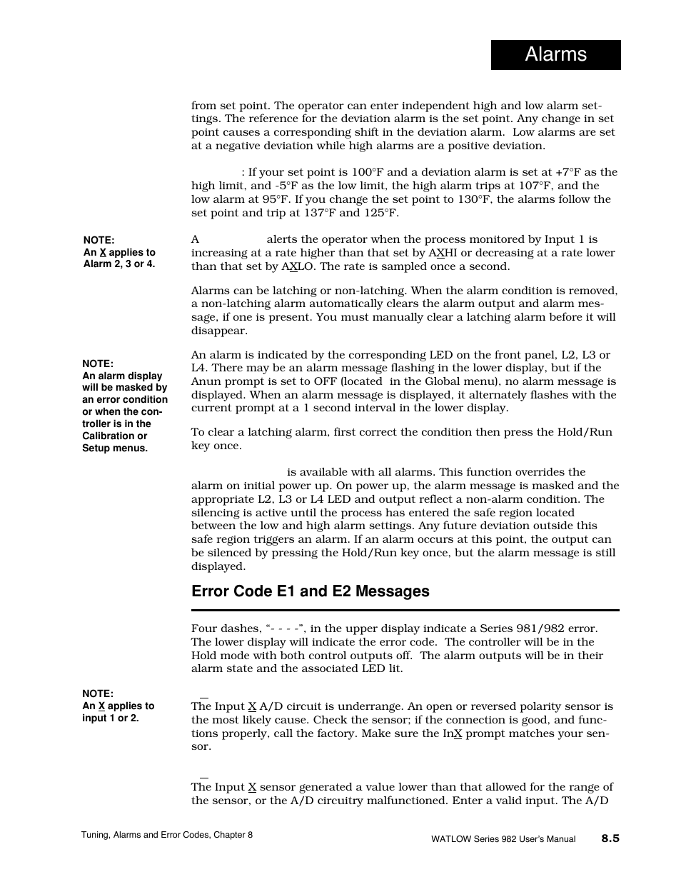 Error code e1 and e2 messages, 5 error code e1 and e2 messages, Alarms | Watlow Series 982 User Manual | Page 113 / 141