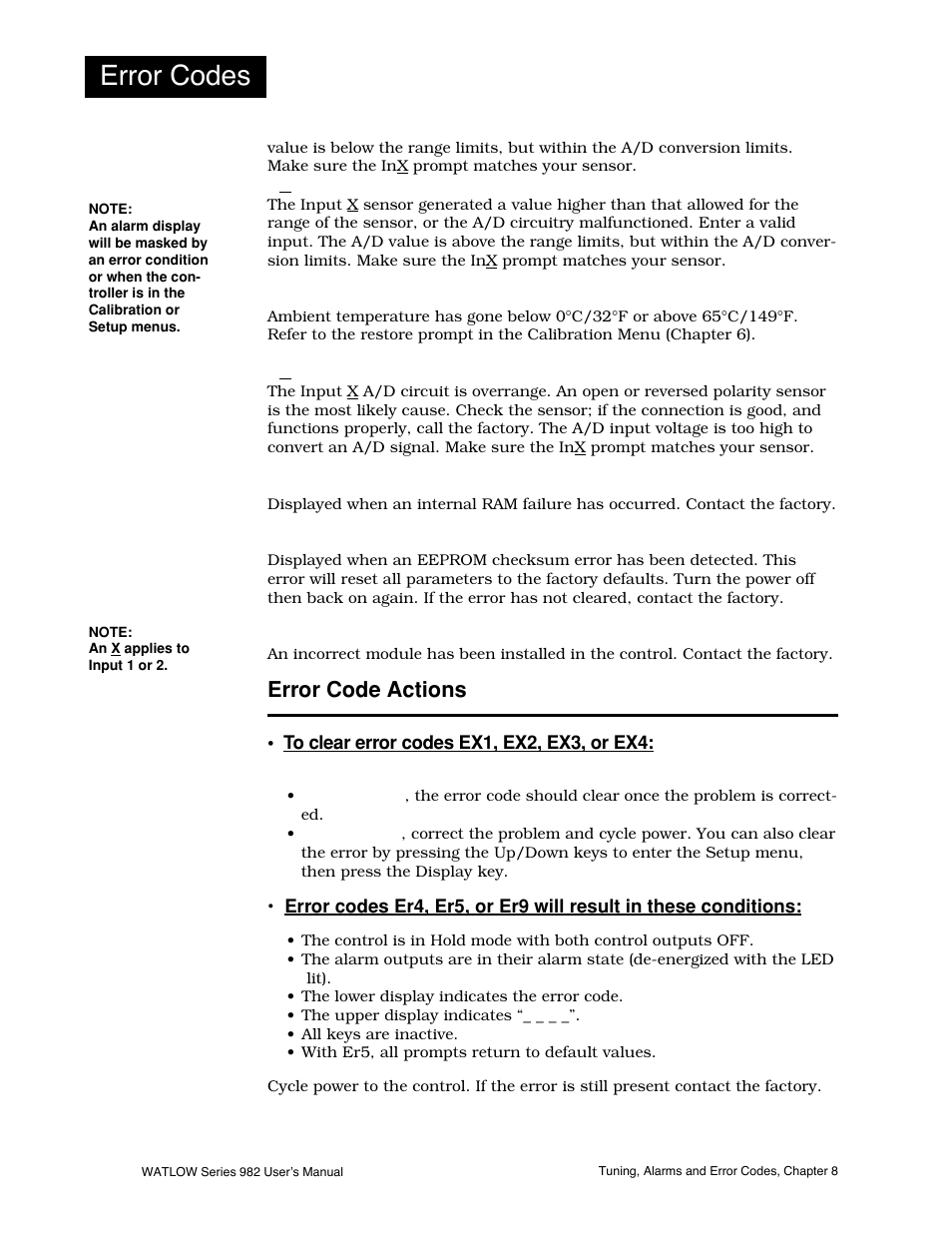 Error code actions, 6 error code actions, Error codes | Watlow Series 982 User Manual | Page 114 / 141