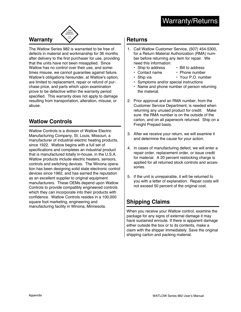 Warranty warranty, Returns, Watlow controls | Shipping claims, Appendix a.1, Warranty and returns, Warranty/returns, Warranty | Watlow Series 982 User Manual | Page 131 / 141