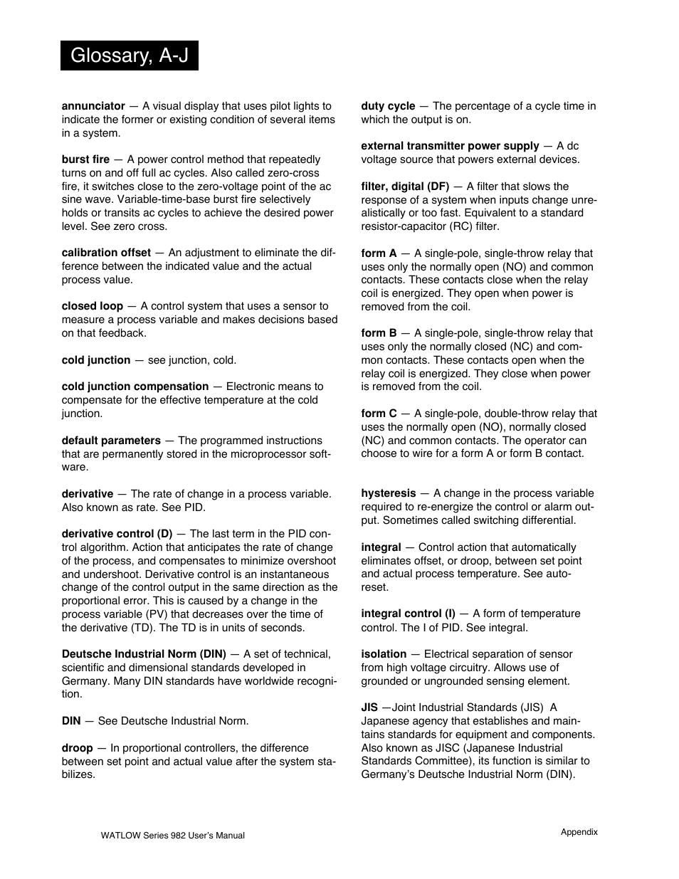 Glossary, a-j, Glossary | Watlow Series 982 User Manual | Page 132 / 141