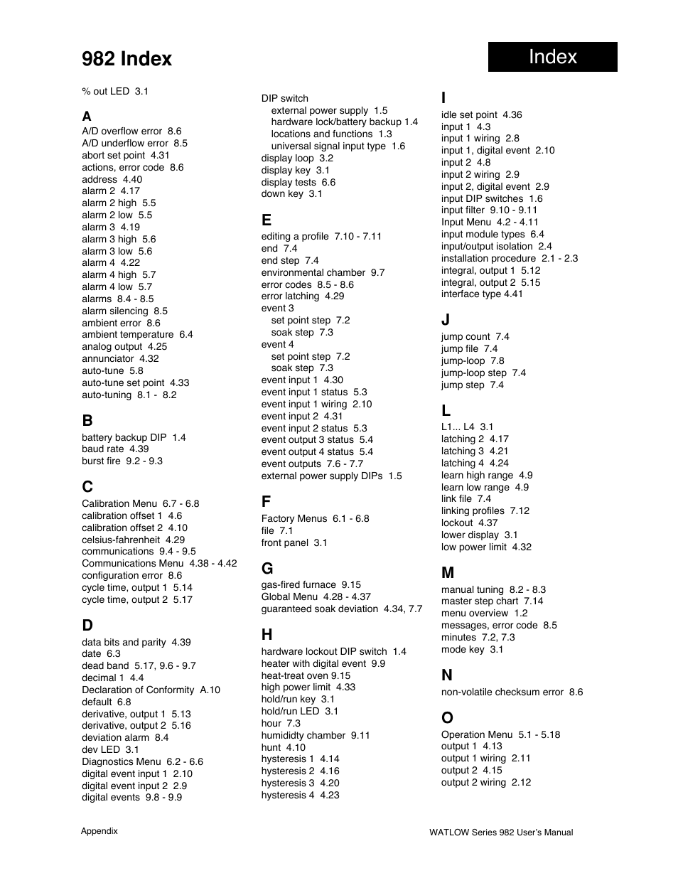 982 index, Index | Watlow Series 982 User Manual | Page 135 / 141
