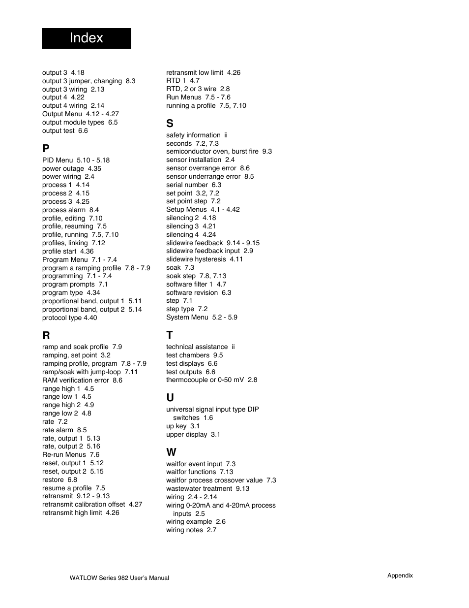Index | Watlow Series 982 User Manual | Page 136 / 141