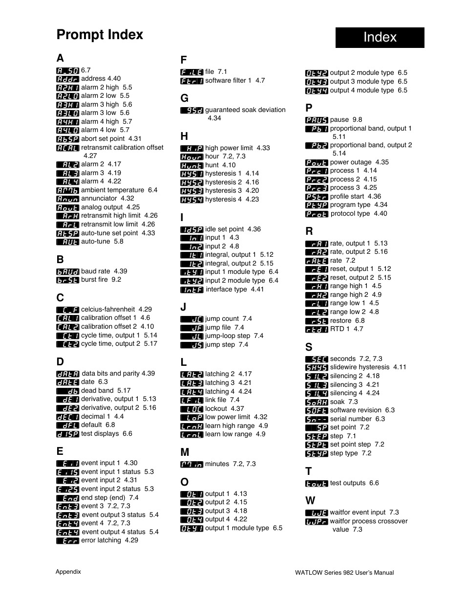 Prompt index, Index prompt index | Watlow Series 982 User Manual | Page 137 / 141