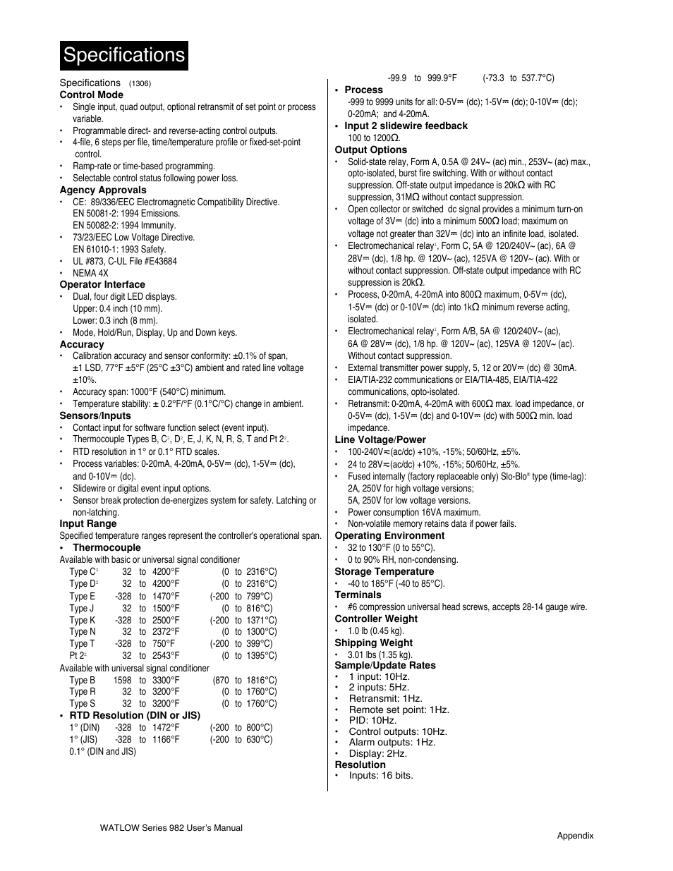 Specifications | Watlow Series 982 User Manual | Page 138 / 141