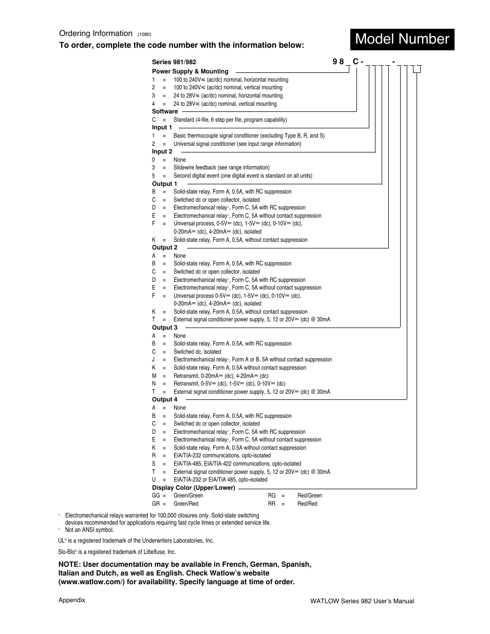 Model number, Ordering information | Watlow Series 982 User Manual | Page 139 / 141