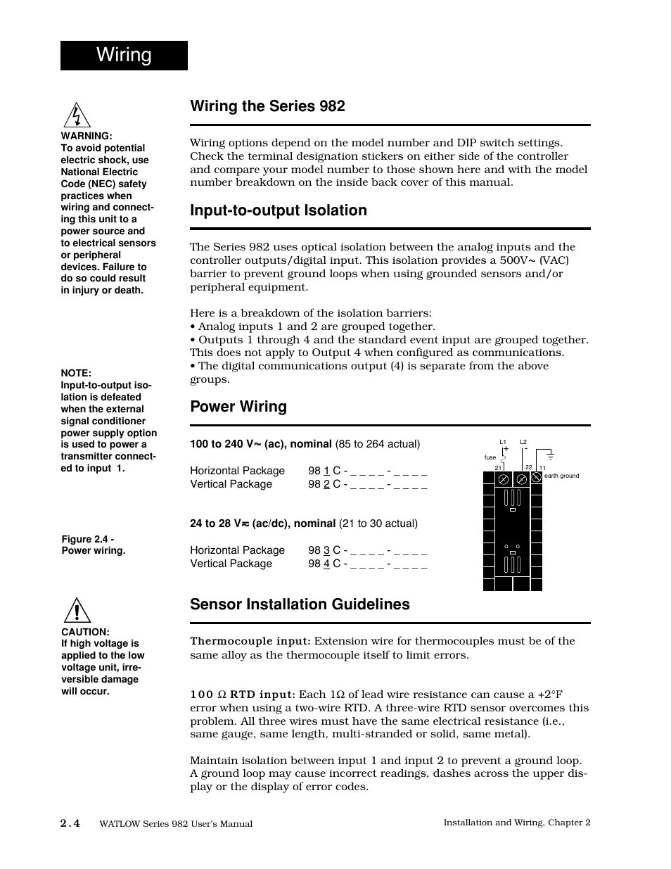 Wiring the series 982, Wiring, Input-to-output isolation | Power wiring, Sensor installation guidelines | Watlow Series 982 User Manual | Page 14 / 141