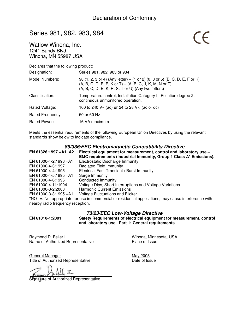 Declaration of conformity, Watlow winona, inc | Watlow Series 982 User Manual | Page 140 / 141