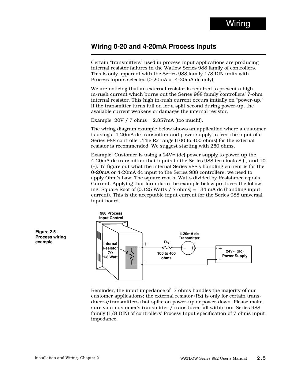 Wiring 0-20 and 4-20ma process inputs, 5 wiring 0-20ma and 4-20ma process inputs, Wiring | Watlow Series 982 User Manual | Page 15 / 141