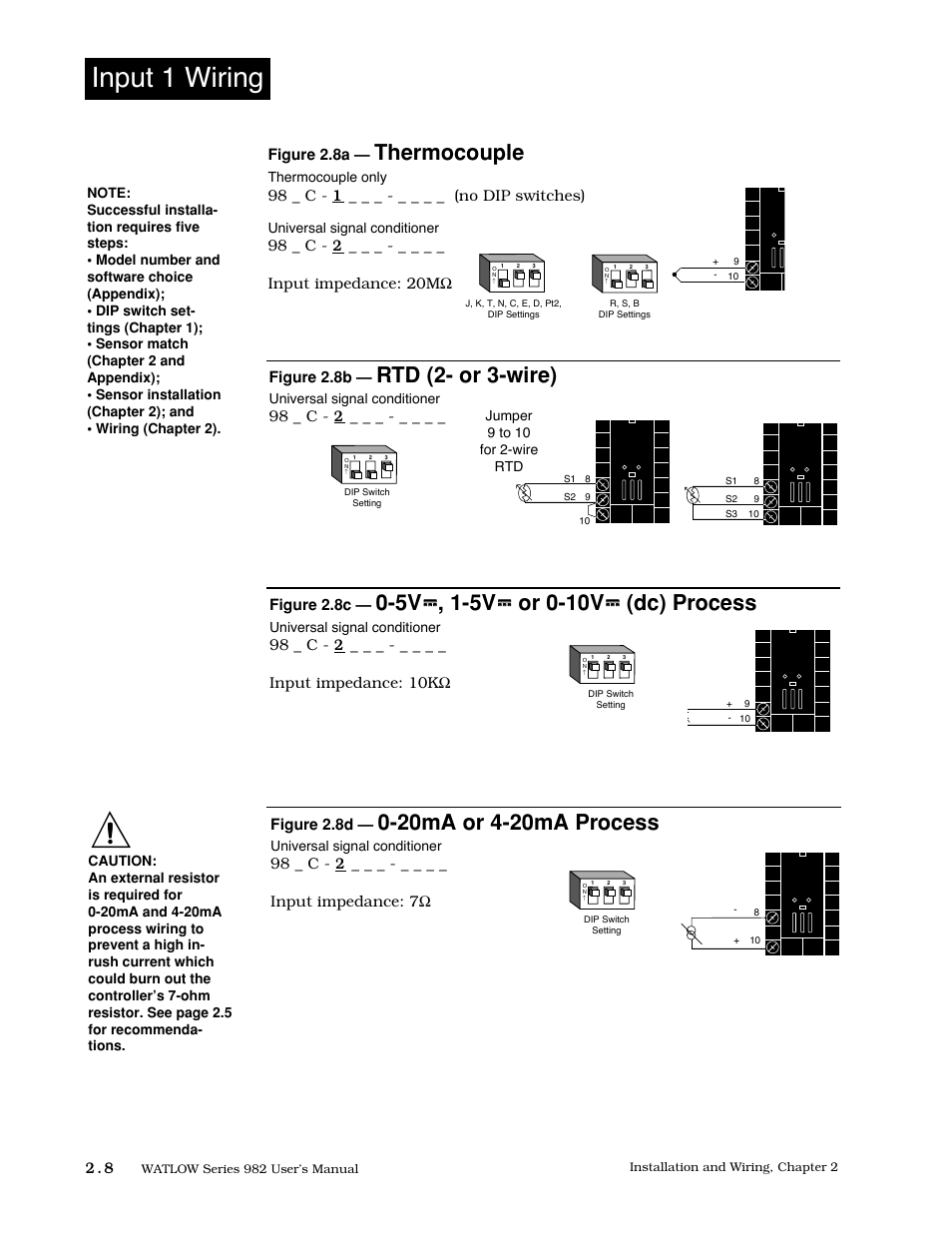 Input 1 wiring, 8 input 1 wiring, Thermocouple | Rtd (2- or 3-wire), Figure 2.8c, 98 _ c - 1 _ _ _ - _ _ _ _ (no dip switches), 98 _ c - 2, Figure 2.8d, 98 _ c - 2 _ _ _ - _ _ _ _ input impedance: 7 ω | Watlow Series 982 User Manual | Page 18 / 141