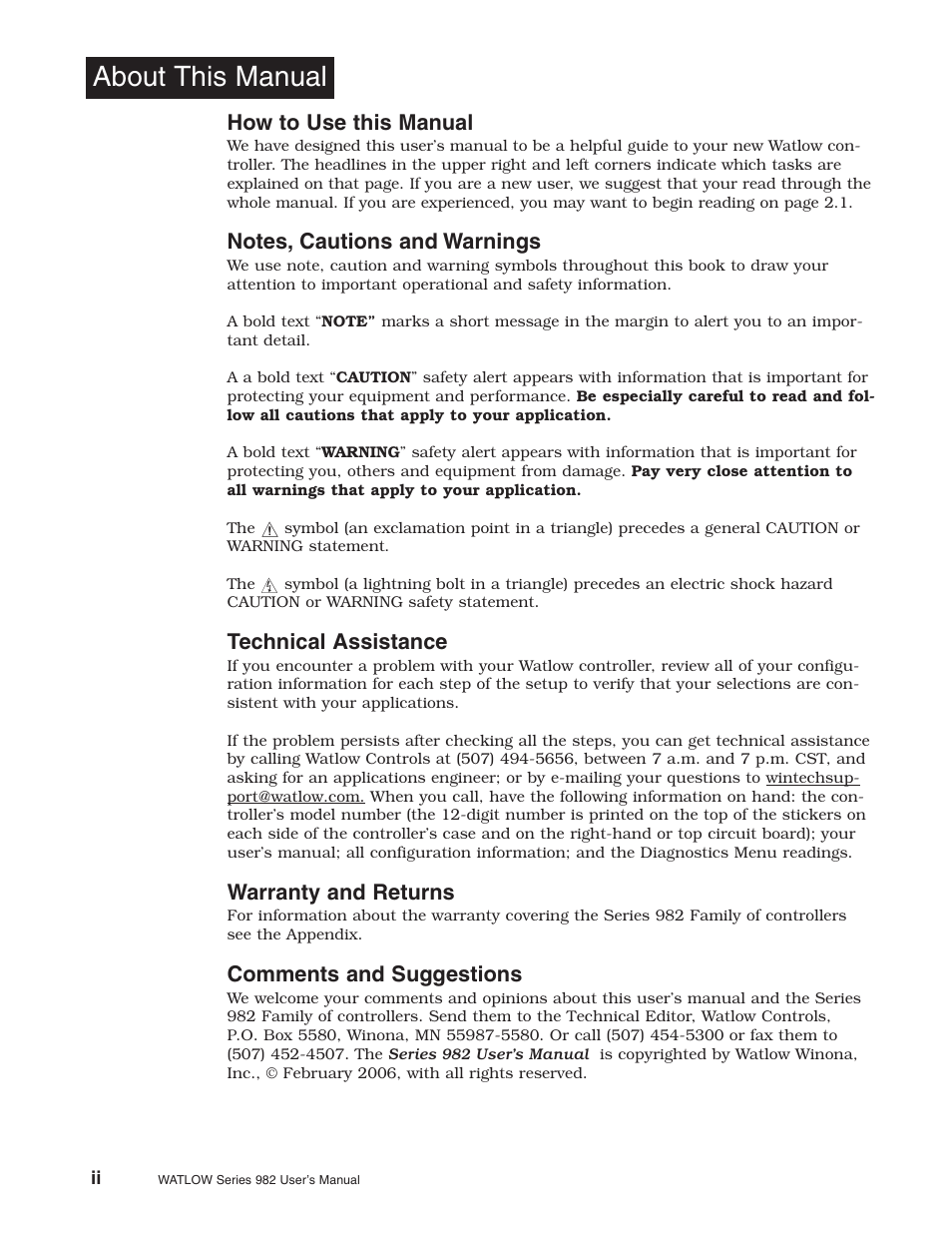 About this manual, Notes, cautions and warnings, Technical assistance | Warranty and returns, Comments and suggestions, How to use this manual | Watlow Series 982 User Manual | Page 2 / 141