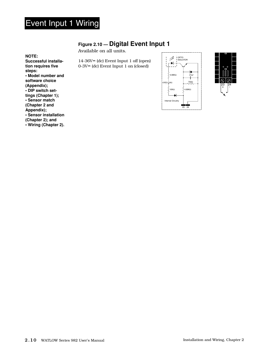 Event input 1 wiring, 10 digital event input 1, Digital event input 1 | Figure 2.10, Available on all units | Watlow Series 982 User Manual | Page 20 / 141