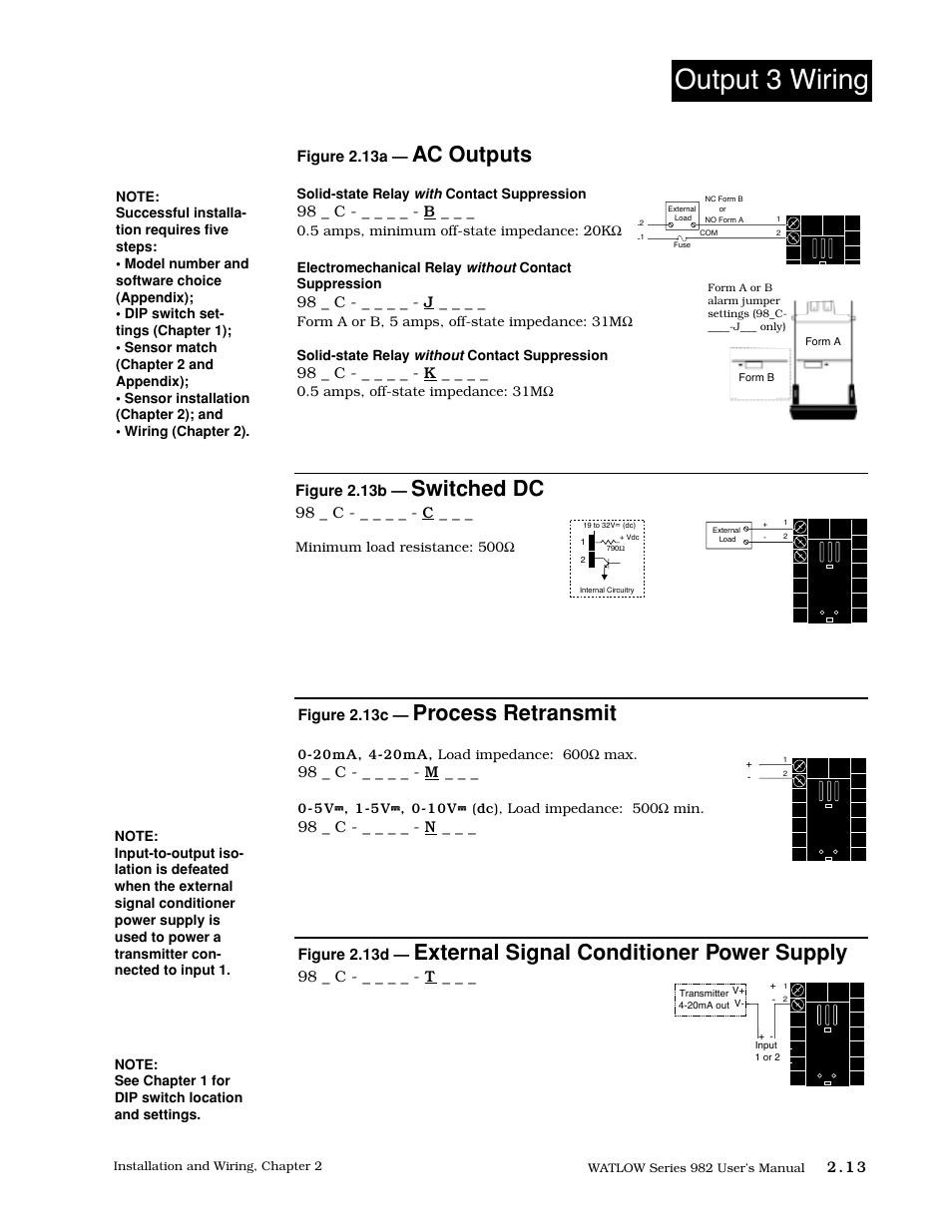 Output 3 wiring, 13 output 3 wiring, Process retransmit | External signal conditioner power supply, Ac outputs, Switched dc | Watlow Series 982 User Manual | Page 23 / 141