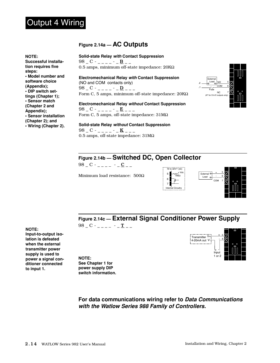 Output 4 wiring, 14 output 4 wiring, Switched dc, open collector | Ac outputs, External signal conditioner power supply | Watlow Series 982 User Manual | Page 24 / 141