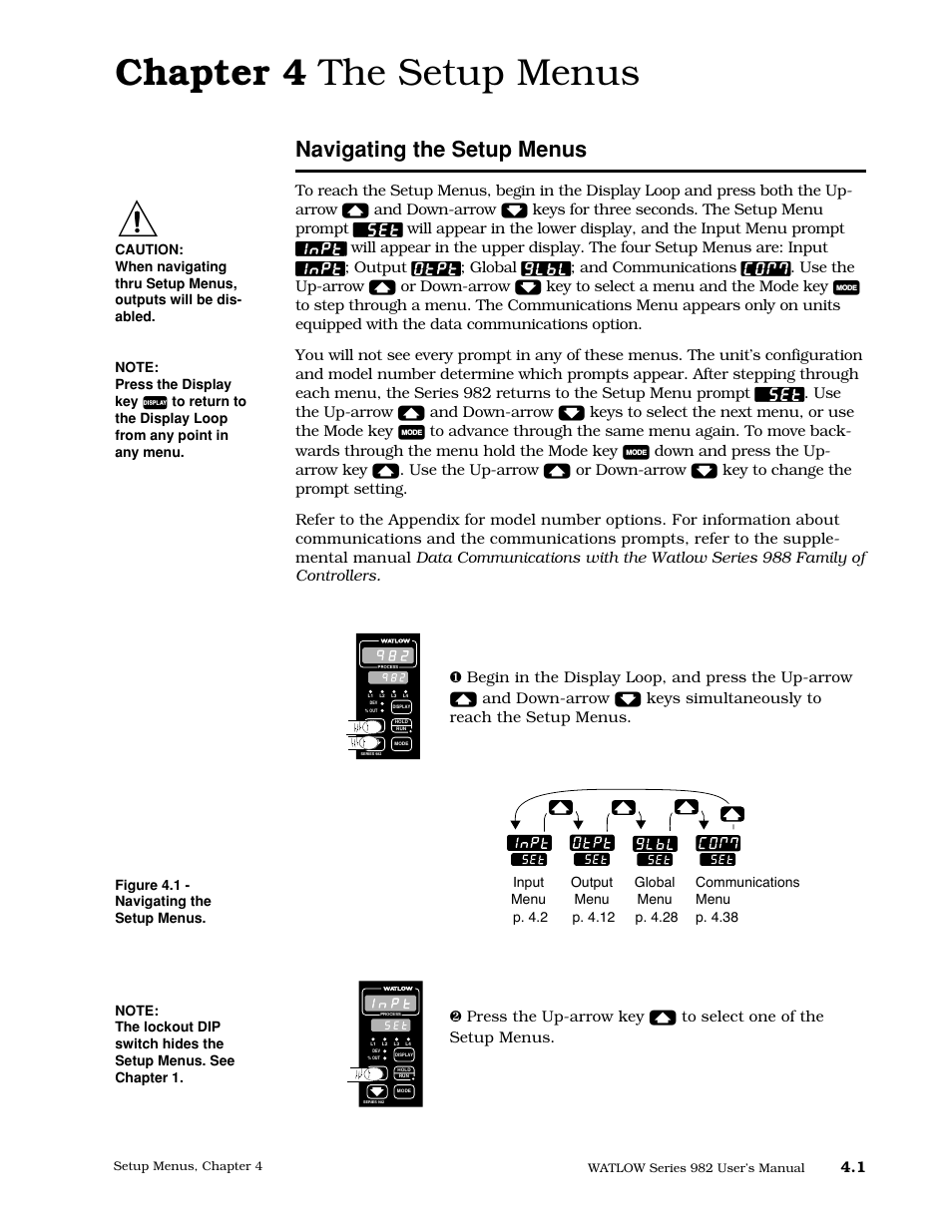 Chapter 4, Navigating the setup menus, Chapter 4 the setup menus | 1 entering the setup menus | Watlow Series 982 User Manual | Page 27 / 141