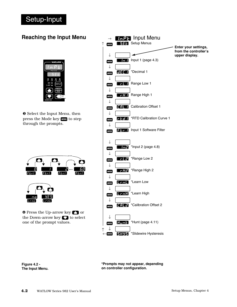 Reaching the input menu, 2 input menu, Setup-input | Input menu, Inpt | Watlow Series 982 User Manual | Page 28 / 141