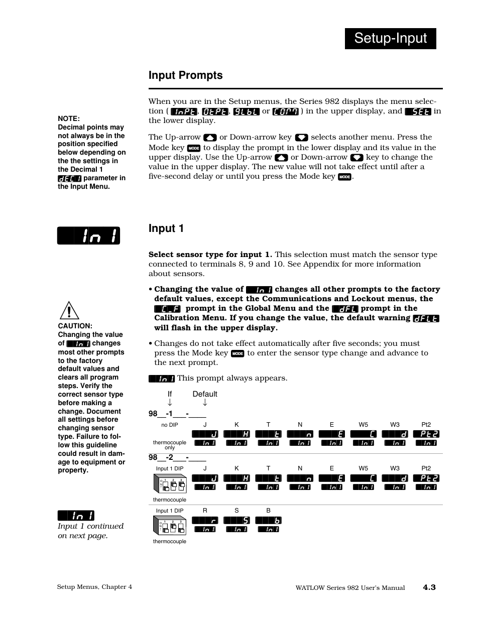 Input prompts, 3 input prompts, Setup-input | Input 1 | Watlow Series 982 User Manual | Page 29 / 141