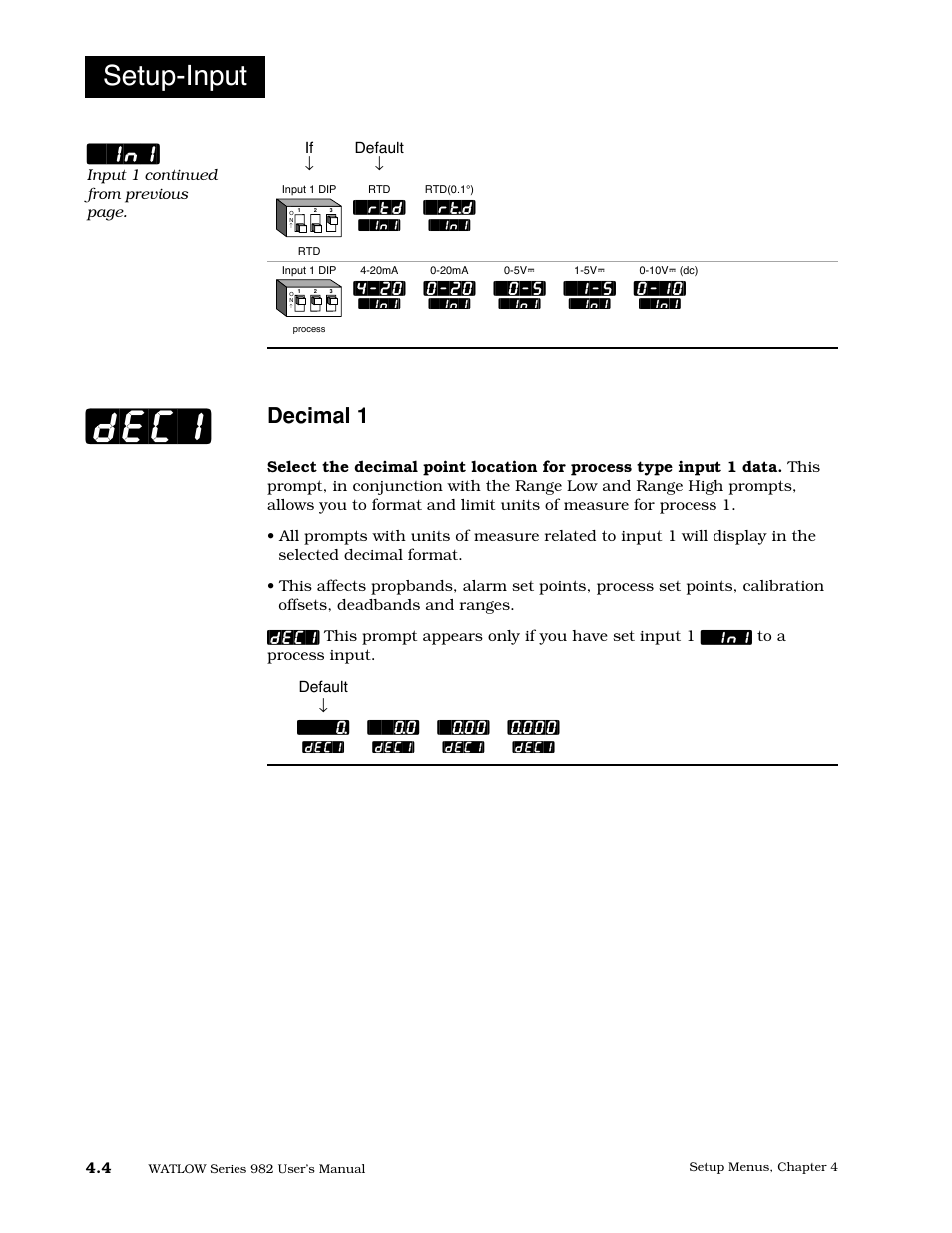 Decimal 1, Dec1, Setup-input | Watlow Series 982 User Manual | Page 30 / 141