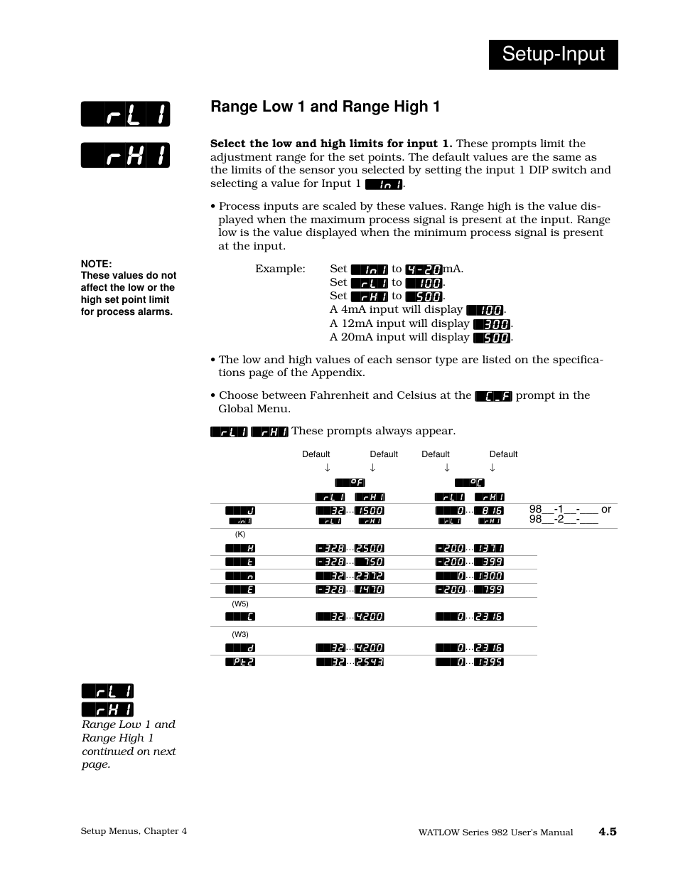Range low 1 and range high 1, Setup-input, Rl1] [`rh1 | Watlow Series 982 User Manual | Page 31 / 141