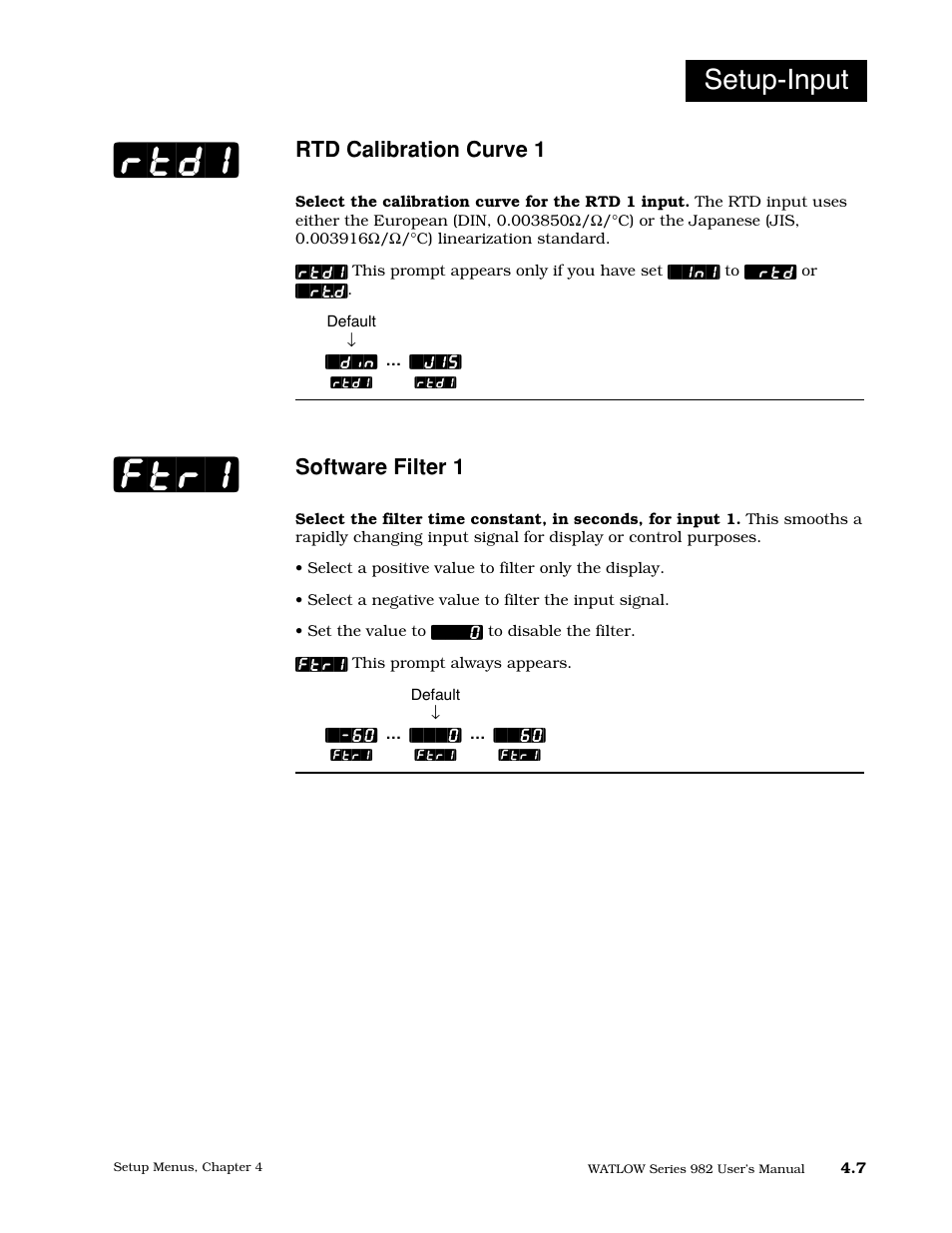 Rtd calibration curve 1, Software filter 1, Rtd1] [ftr1 | Setup-input | Watlow Series 982 User Manual | Page 33 / 141