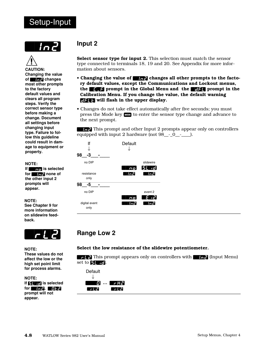 Input 2, Range low 2, In2] ç | Setup-input | Watlow Series 982 User Manual | Page 34 / 141