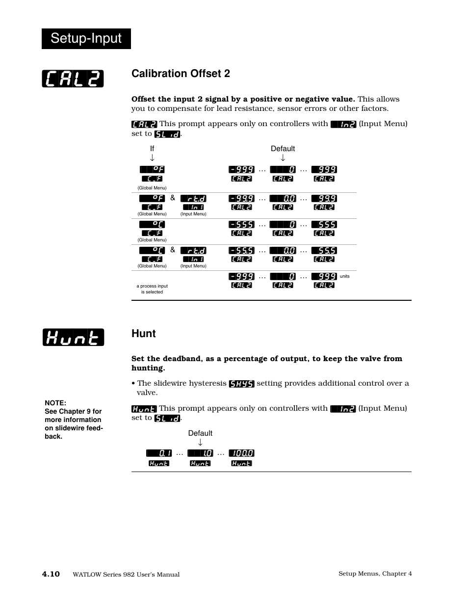 Calibration offset 2, Hunt, Cal2 | Setup-input | Watlow Series 982 User Manual | Page 36 / 141