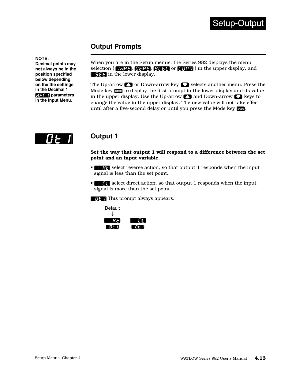 Output prompts, Output 1, 13 output prompts | Setup-output | Watlow Series 982 User Manual | Page 39 / 141