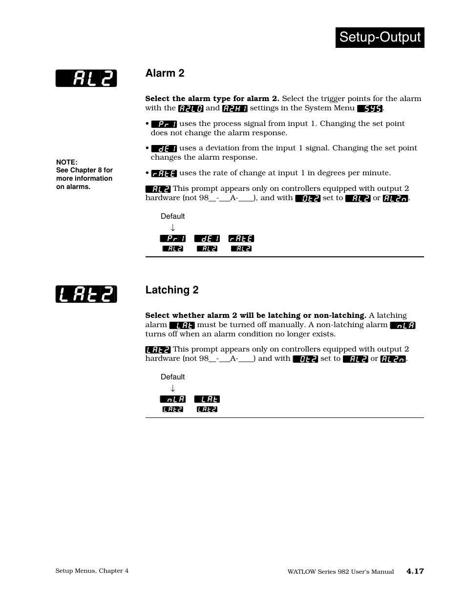 Alarm 2, Latching 2, Al2] [lat2 | Setup-output | Watlow Series 982 User Manual | Page 43 / 141