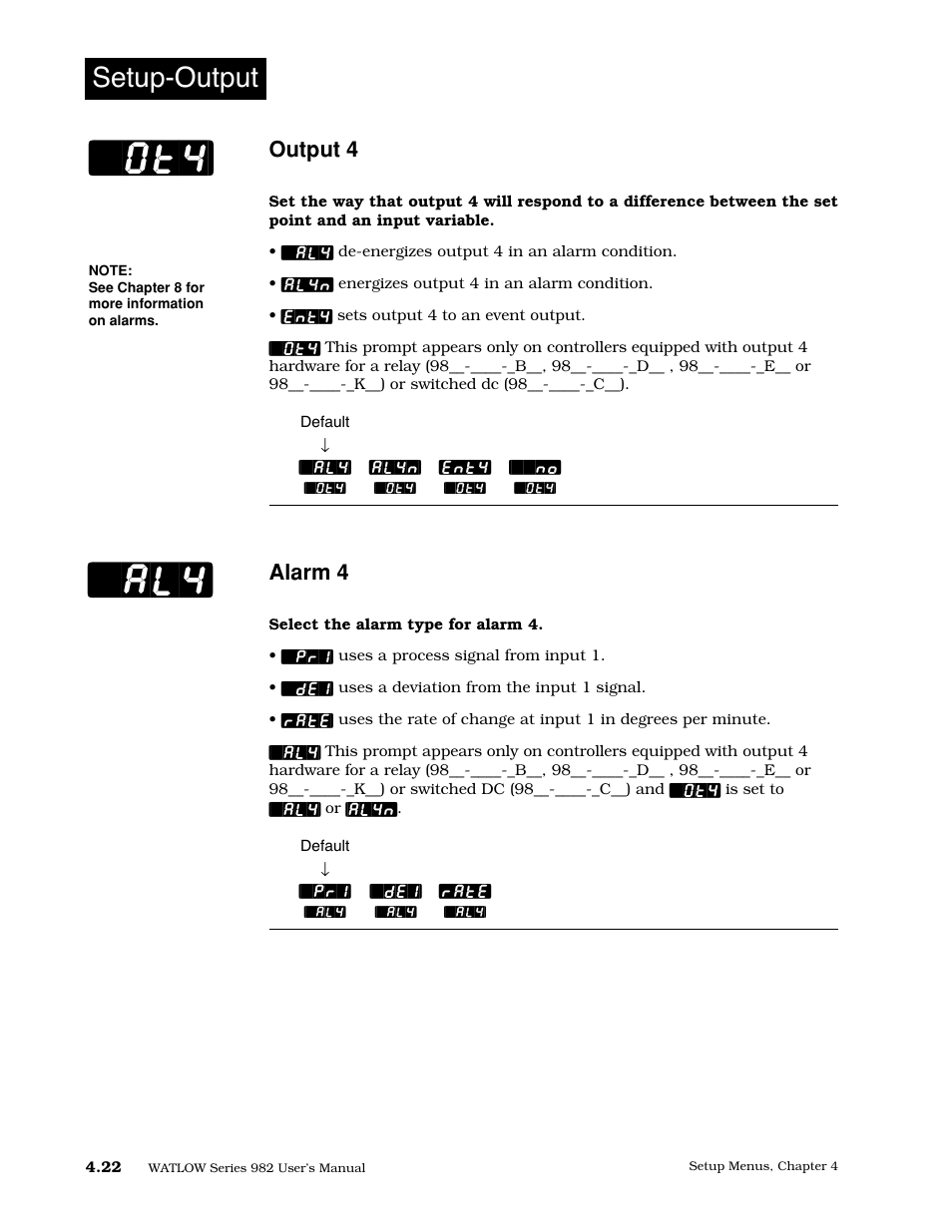 Output 4, Alarm 4, Setup-output | Watlow Series 982 User Manual | Page 48 / 141