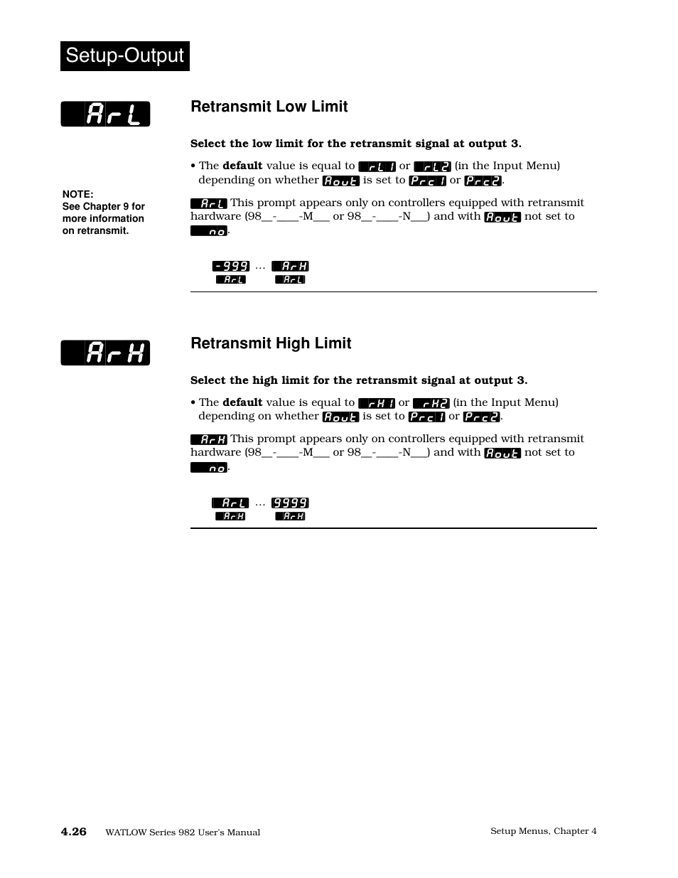 Retransmit low limit, Retransmit high limit, Arl] [`arh | Setup-output | Watlow Series 982 User Manual | Page 52 / 141