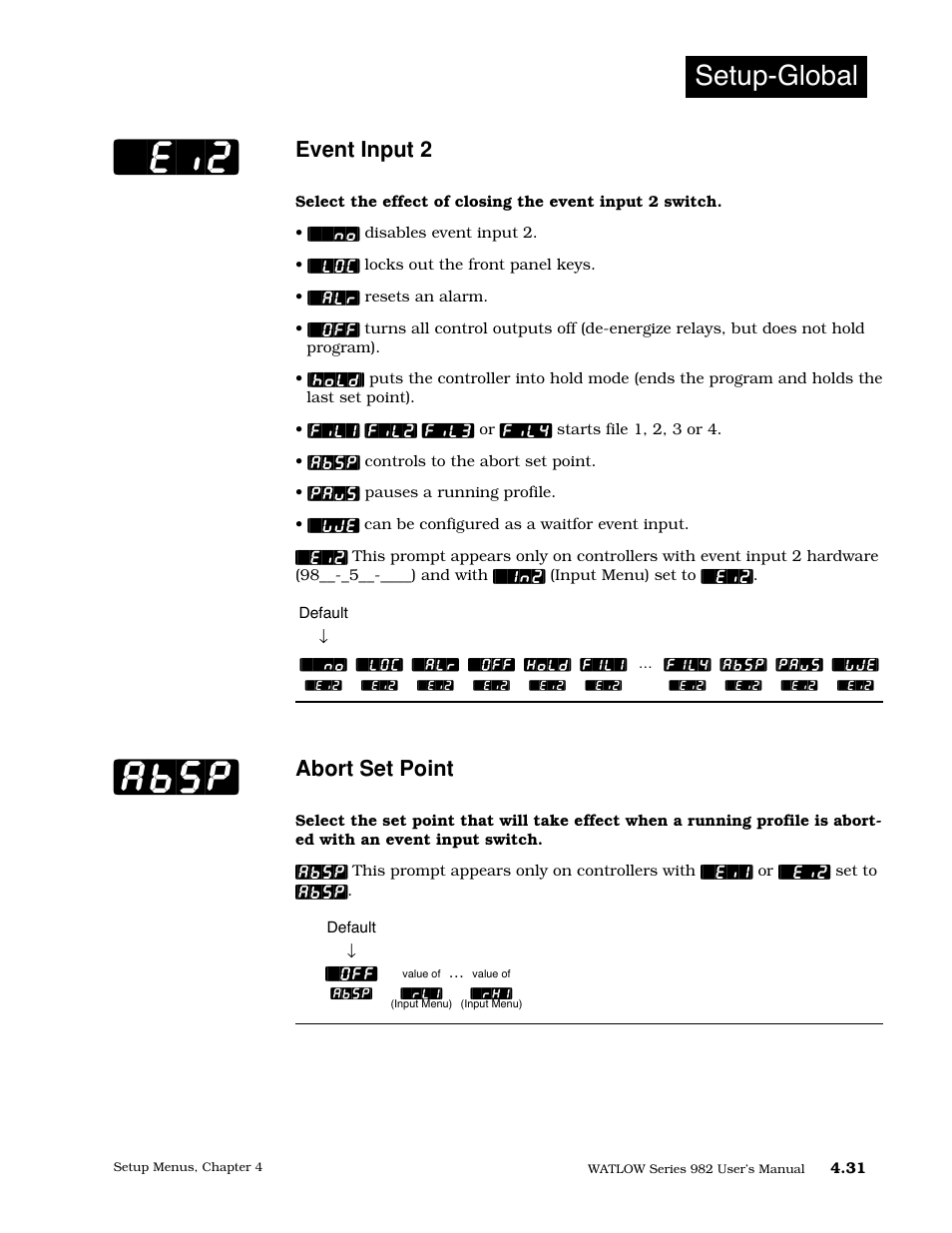 Event input 2, Abort set point, Ei2] [absp | Setup-global | Watlow Series 982 User Manual | Page 57 / 141