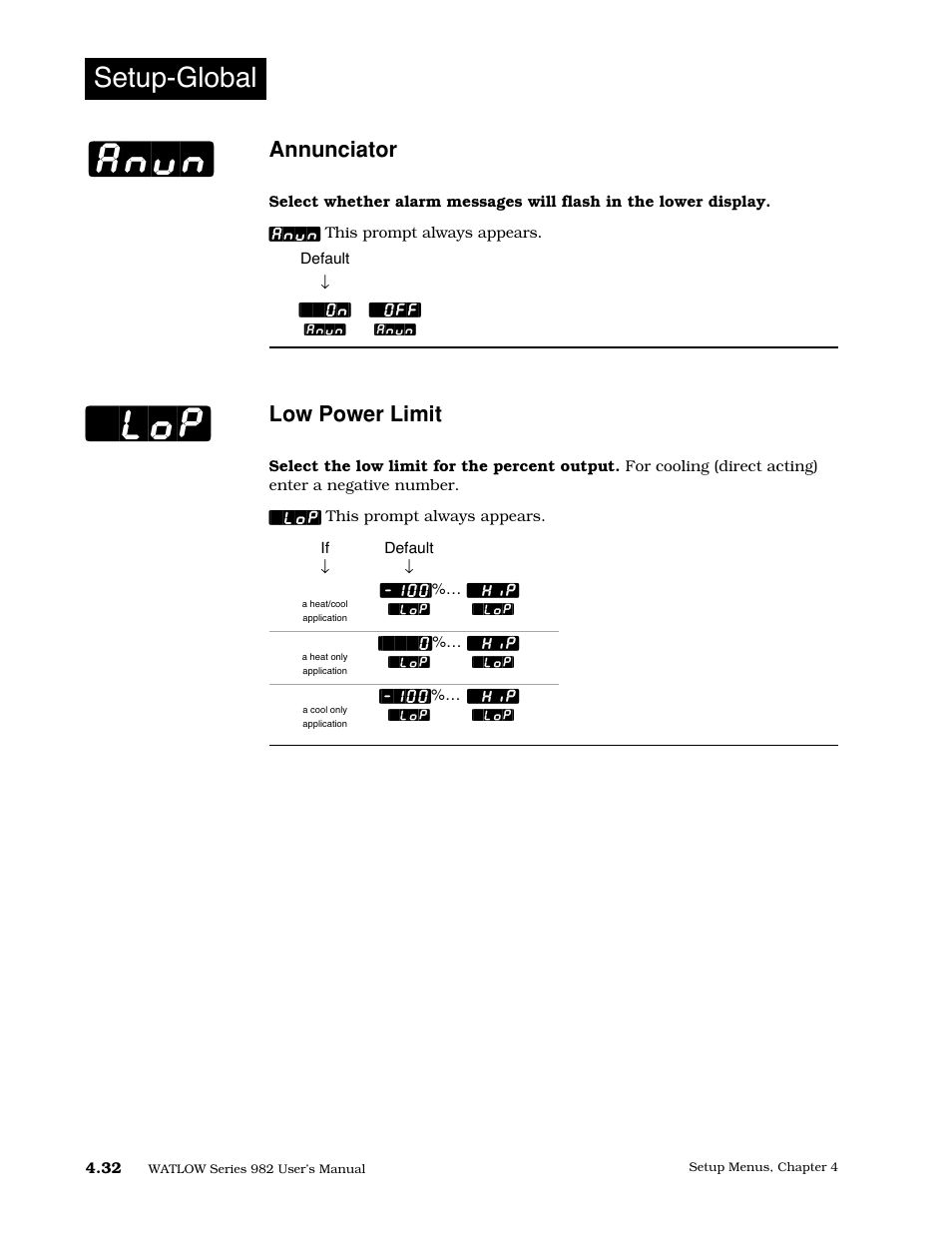 Annunciator, Low power limit, Lop] [anun | Setup-global | Watlow Series 982 User Manual | Page 58 / 141