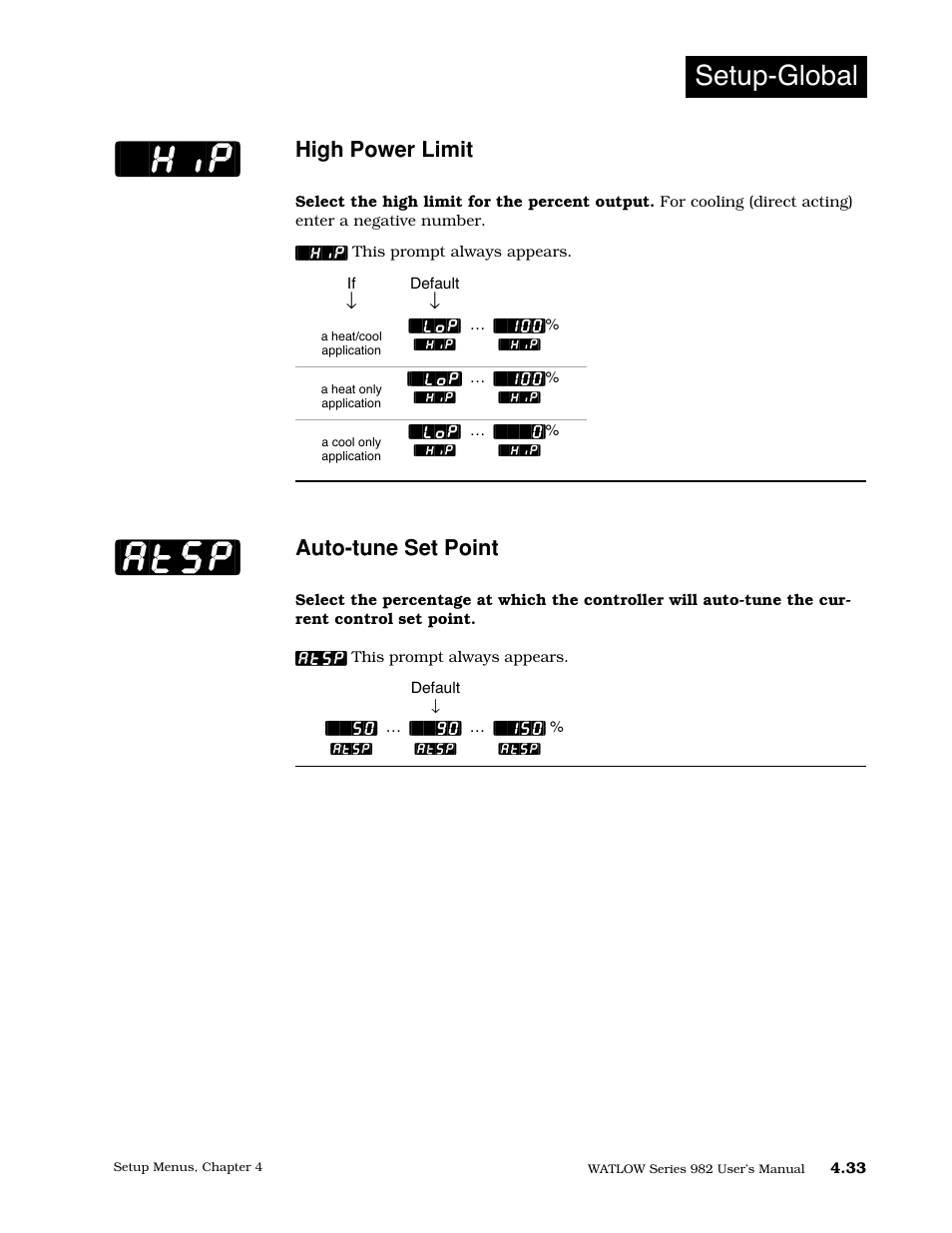 High power limit, Auto-tune set point, Hip] [atsp | Setup-global | Watlow Series 982 User Manual | Page 59 / 141