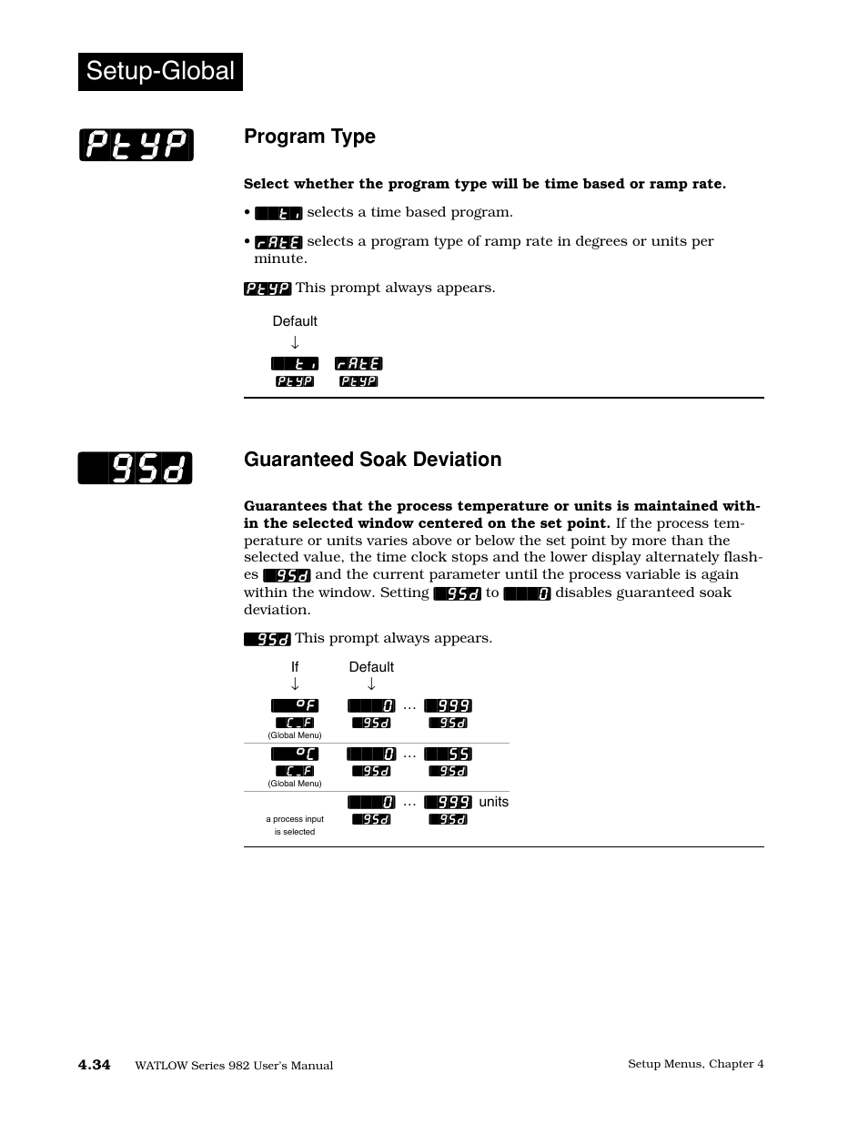 Program type, Guaranteed soak deviation, Ptyp | Setup-global | Watlow Series 982 User Manual | Page 60 / 141