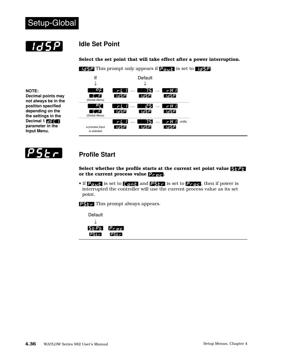 Idle set point, Profile start, Pstr] [idsp | Setup-global | Watlow Series 982 User Manual | Page 62 / 141