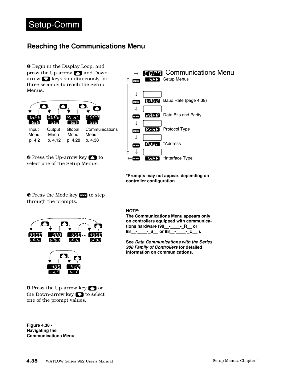 Reaching the communications menu, 38 communications menu, Setup-comm | Communications menu | Watlow Series 982 User Manual | Page 64 / 141