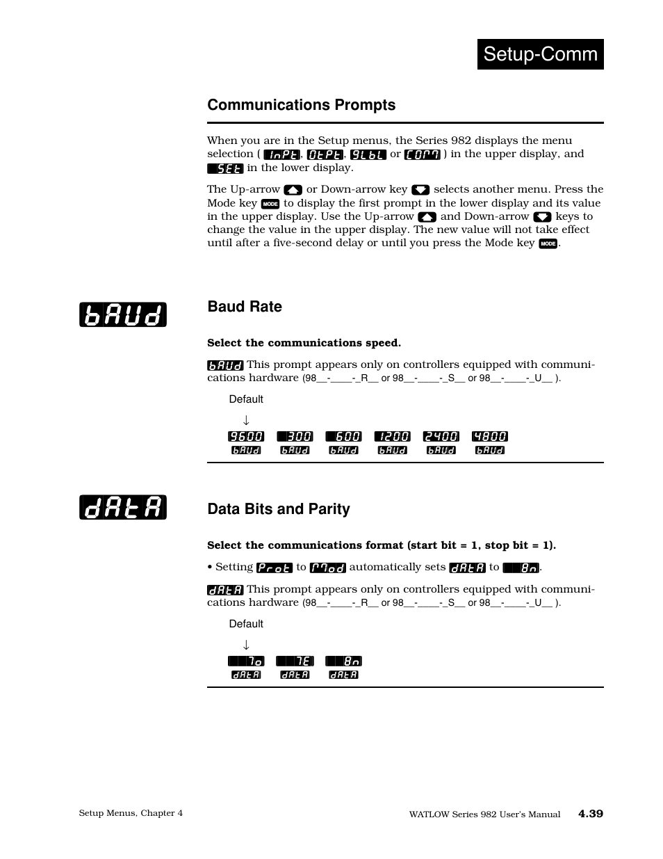 Communications prompts, Baud rate, Data bits and parity | 39 communications prompts, Baud] [data, Setup-comm | Watlow Series 982 User Manual | Page 65 / 141