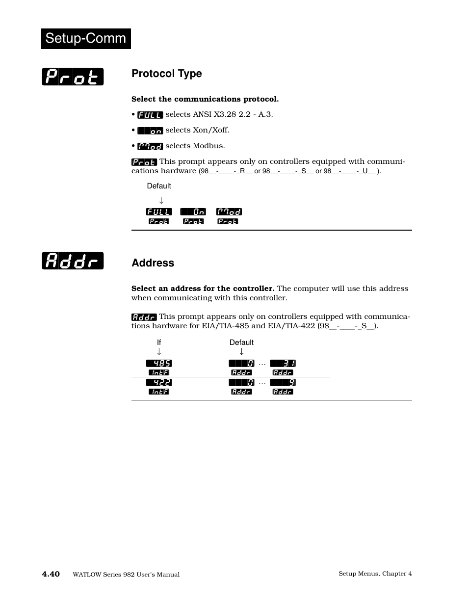 Protocol type, Address, Prot] [addr | Setup-comm | Watlow Series 982 User Manual | Page 66 / 141
