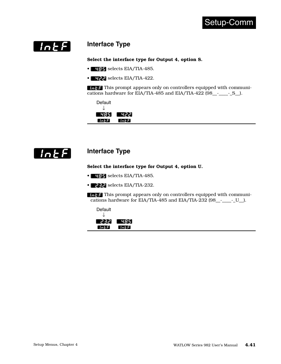 Interface type, Intf, Setup-comm | Watlow Series 982 User Manual | Page 67 / 141