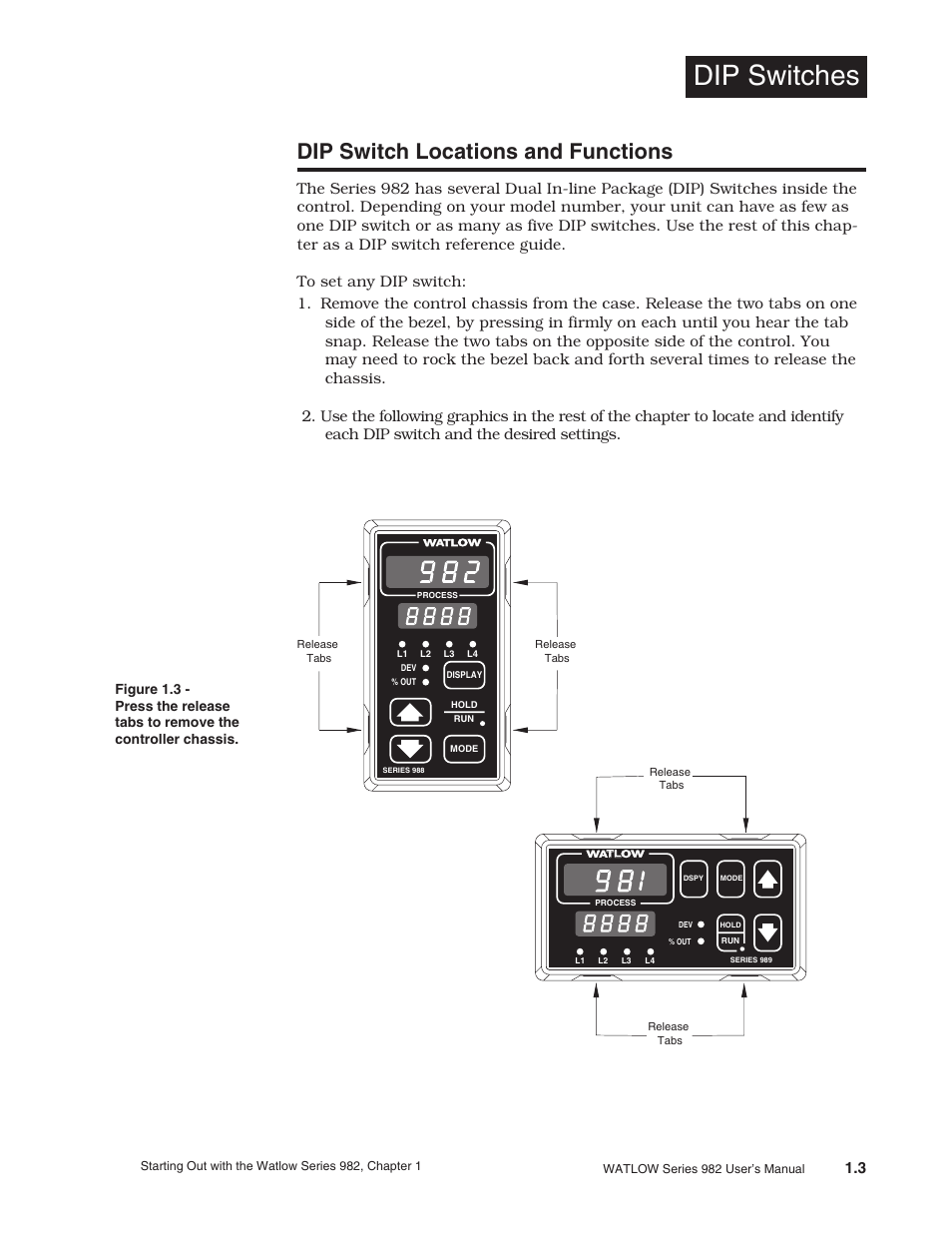 Dip switches, Locations and functions, 3 dip switch locations and functions | Dip switch locations and functions | Watlow Series 982 User Manual | Page 7 / 141