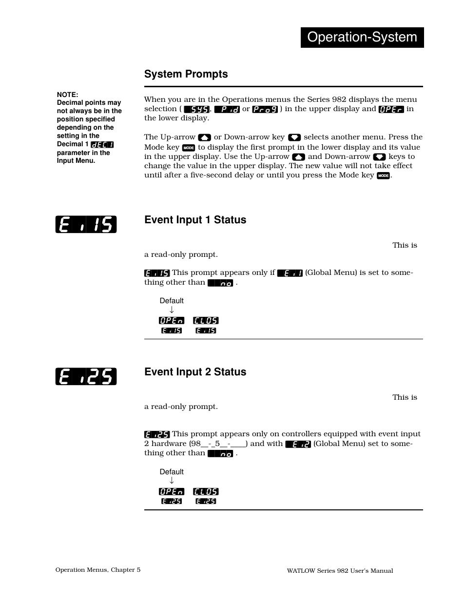 System prompts, Event input 1 status, Event input 2 status | 3 system prompts, Ei1s] [ei2s, Operation-system | Watlow Series 982 User Manual | Page 71 / 141