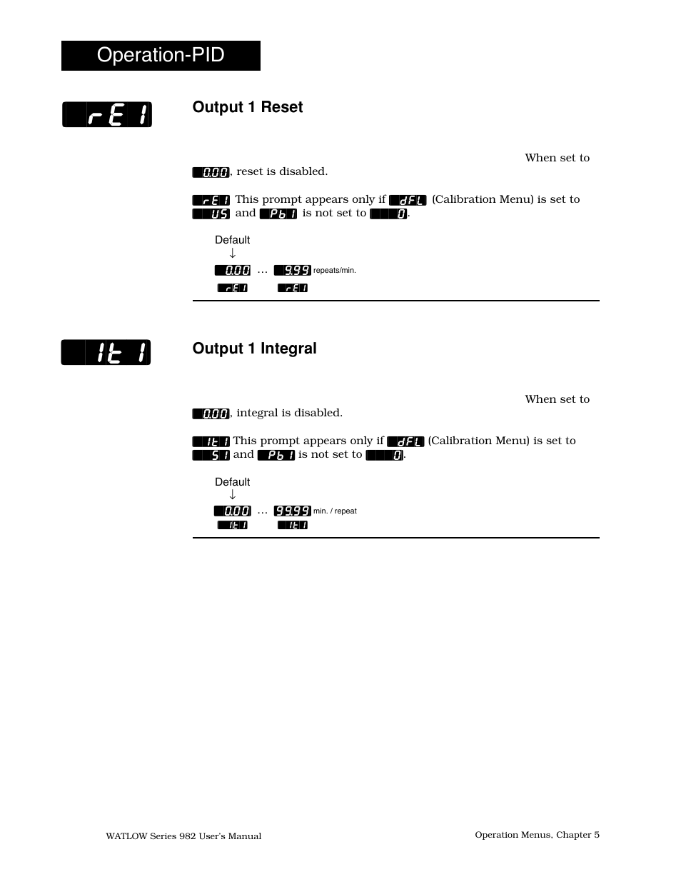 Output 1 reset, Output 1 integral, Re1] [`it1 | Operation-pid | Watlow Series 982 User Manual | Page 80 / 141