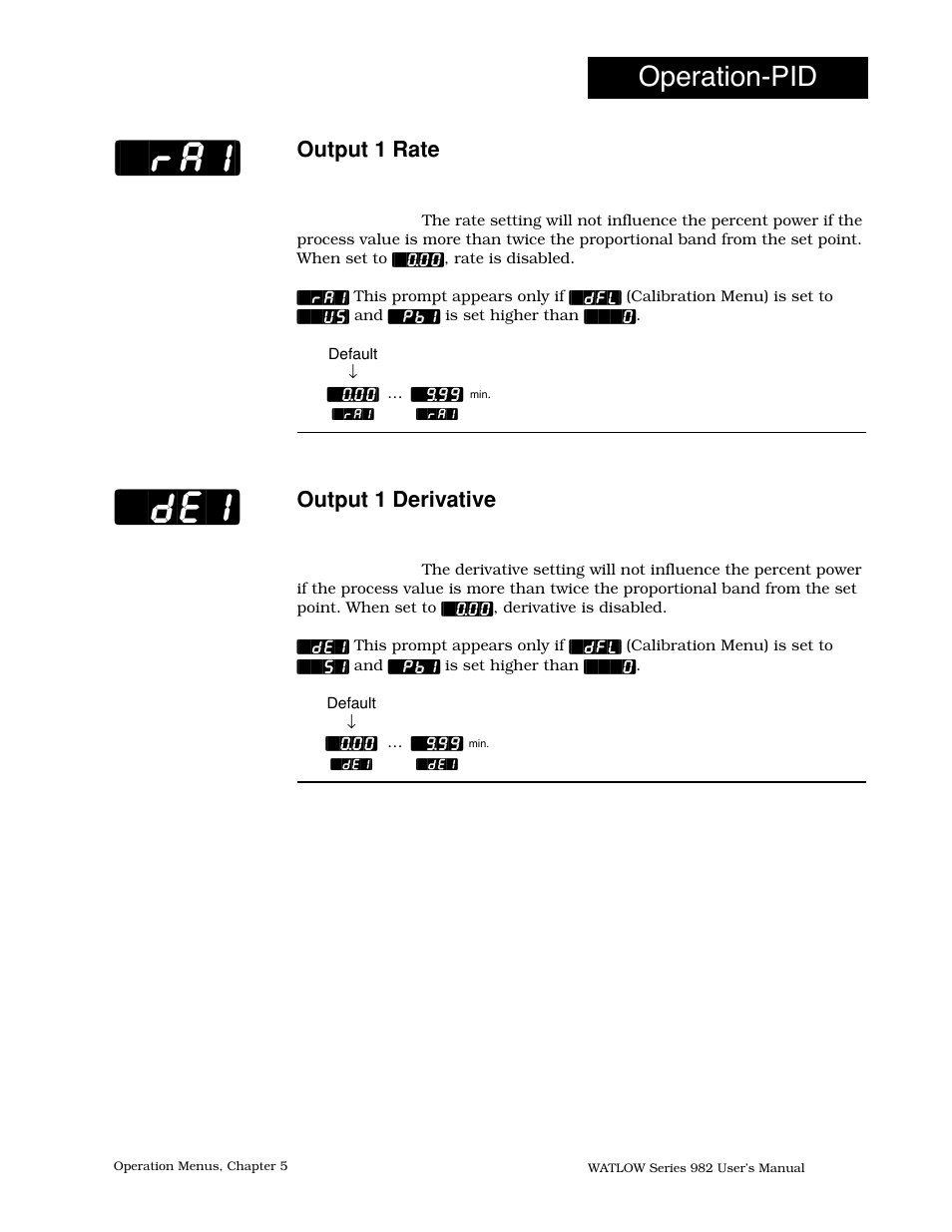 Output 1 rate, Output 1 derivative, Ra1] [`de1 | Operation-pid | Watlow Series 982 User Manual | Page 81 / 141