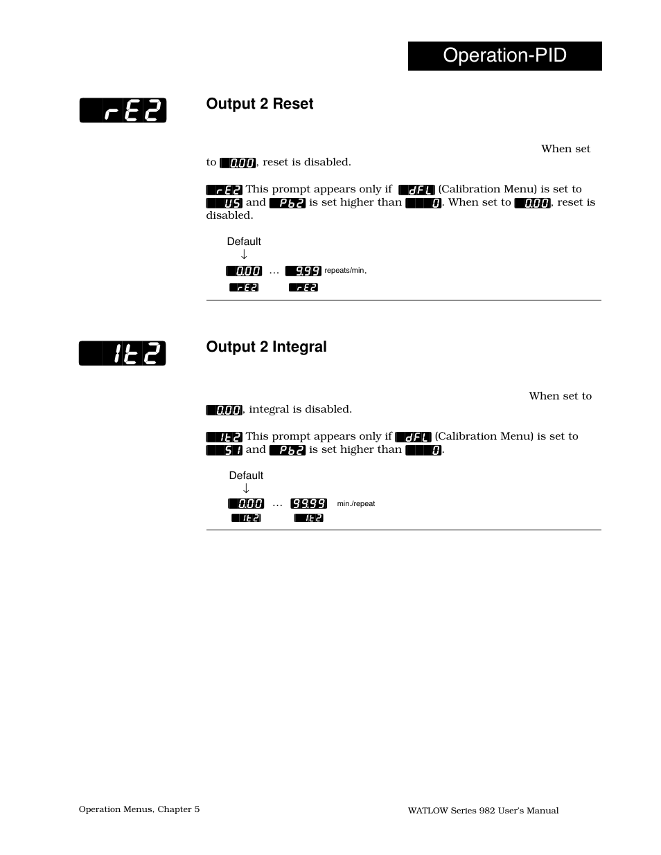 Output 2 reset, Output 2 integral, Re2] [`it2 | Operation-pid | Watlow Series 982 User Manual | Page 83 / 141
