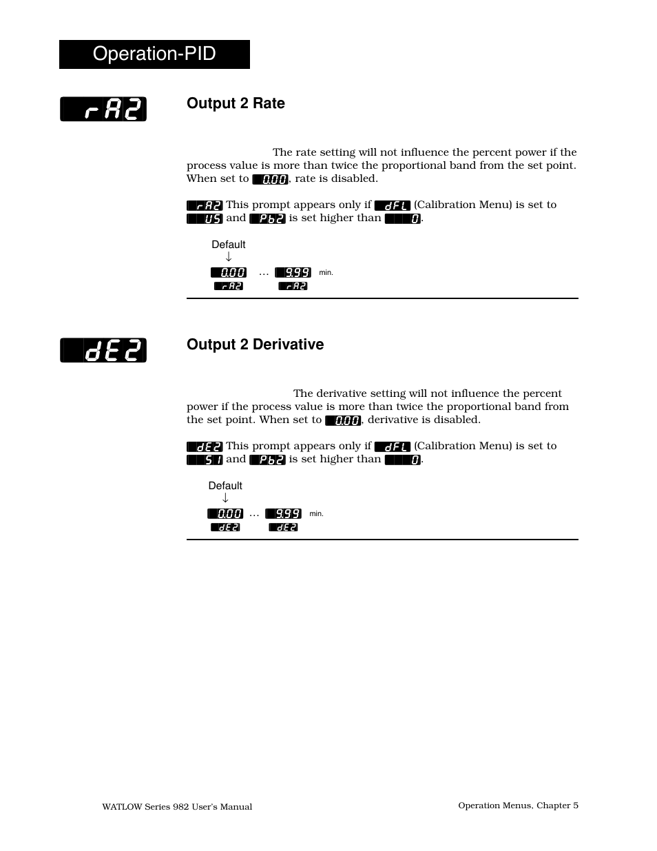 Output 2 rate, Output 2 derivative, De2] [`ra2 | Operation-pid | Watlow Series 982 User Manual | Page 84 / 141
