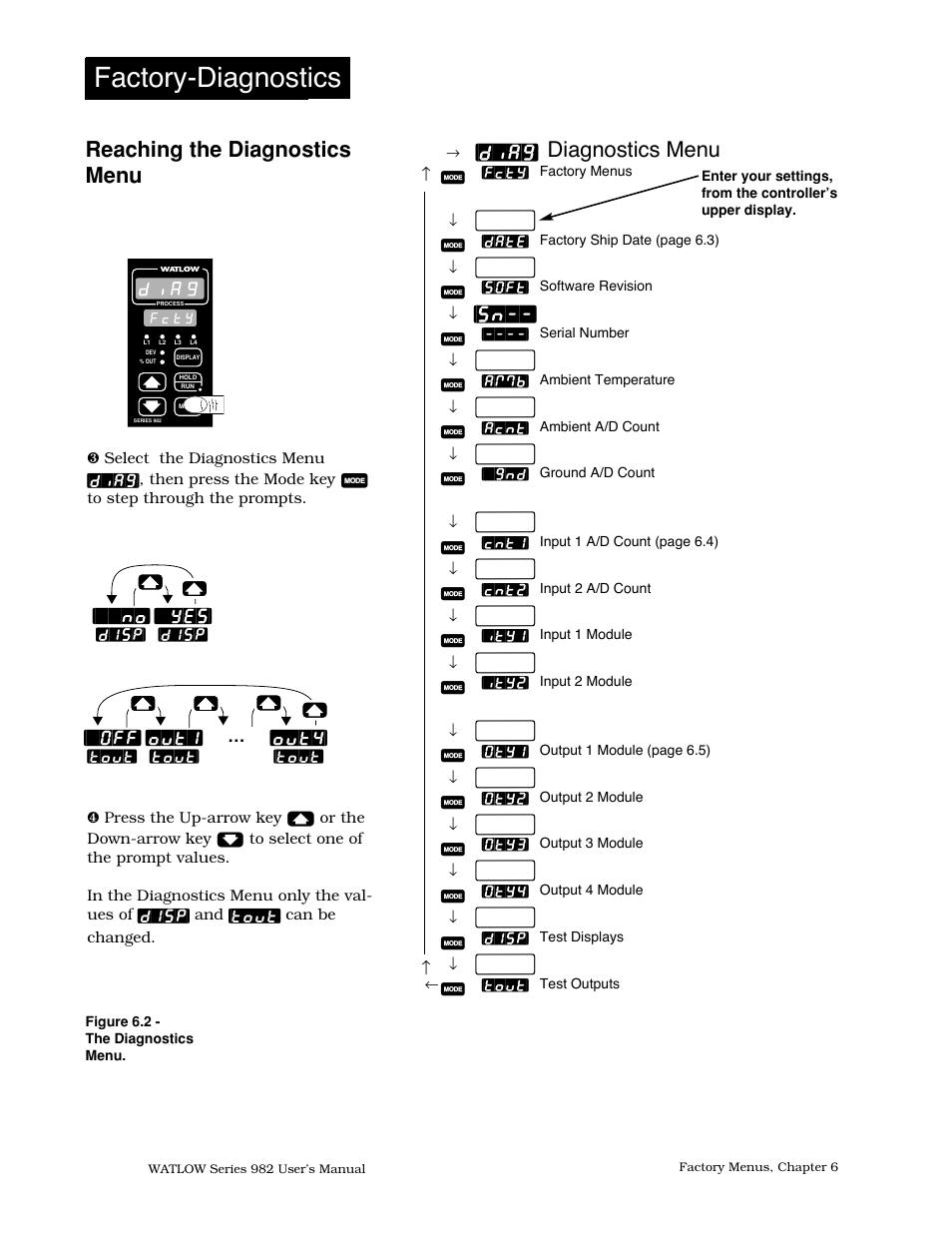 Reaching the diagnostics, 2 diagnostics menu and prompts, Factory-diagnostics | Diagnostics menu, Reaching the diagnostics menu, Diag | Watlow Series 982 User Manual | Page 88 / 141