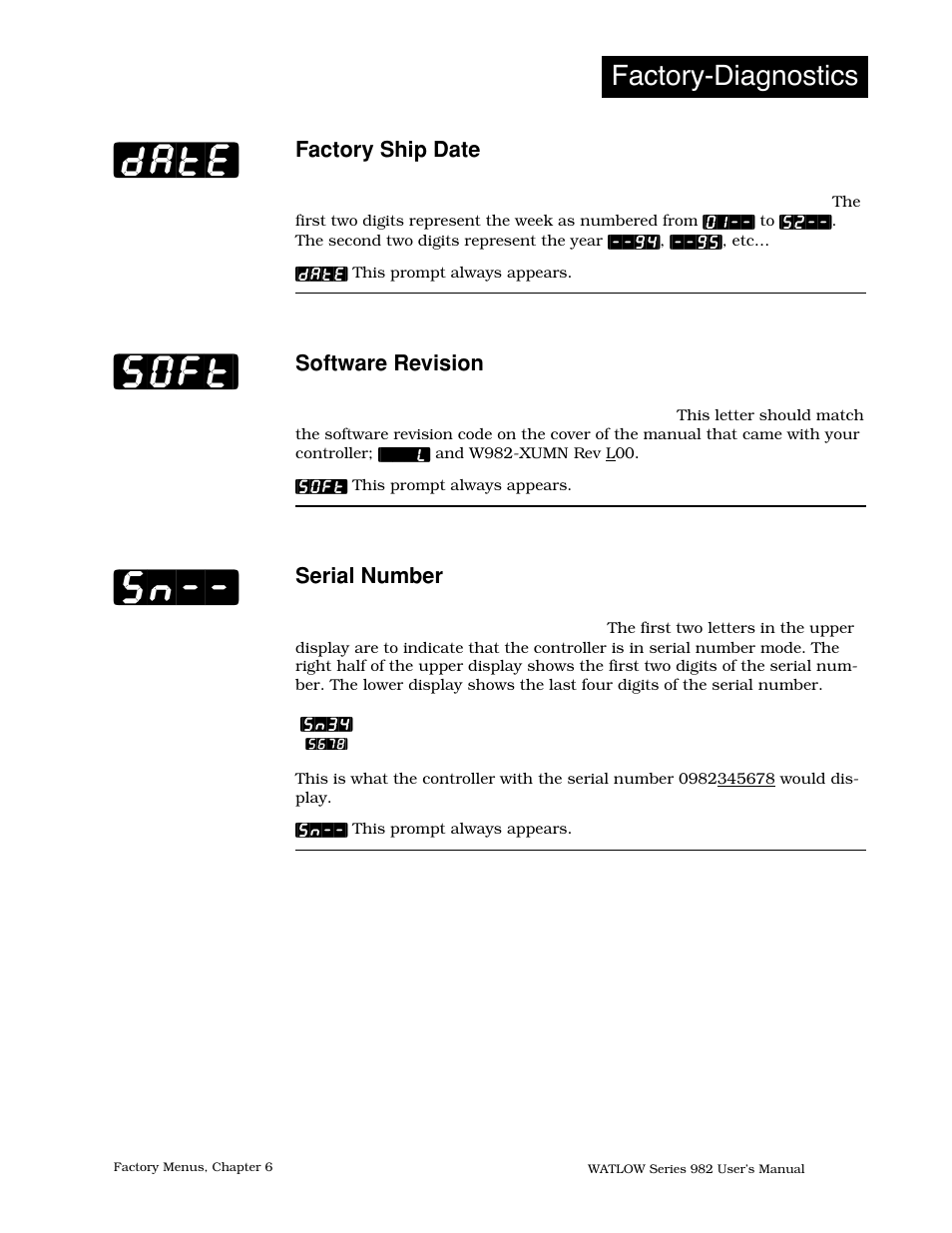 Factory ship date, Software revision, Serial number | Date] [soft] [sn, Factory-diagnostics | Watlow Series 982 User Manual | Page 89 / 141