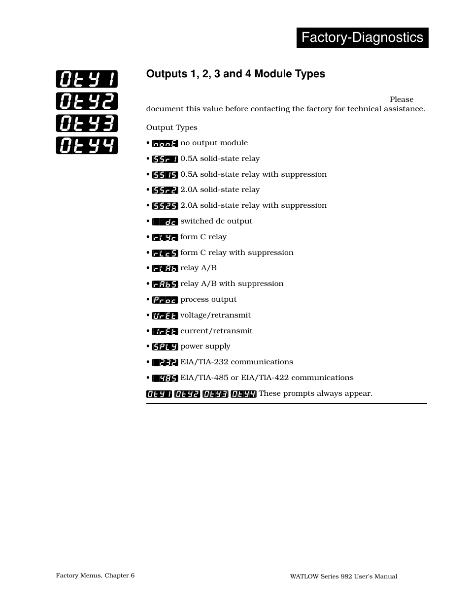 Outputs 1, 2, 3 and 4 module types, Oty1] [oty2] [oty3] [oty4, Factory-diagnostics | Watlow Series 982 User Manual | Page 91 / 141