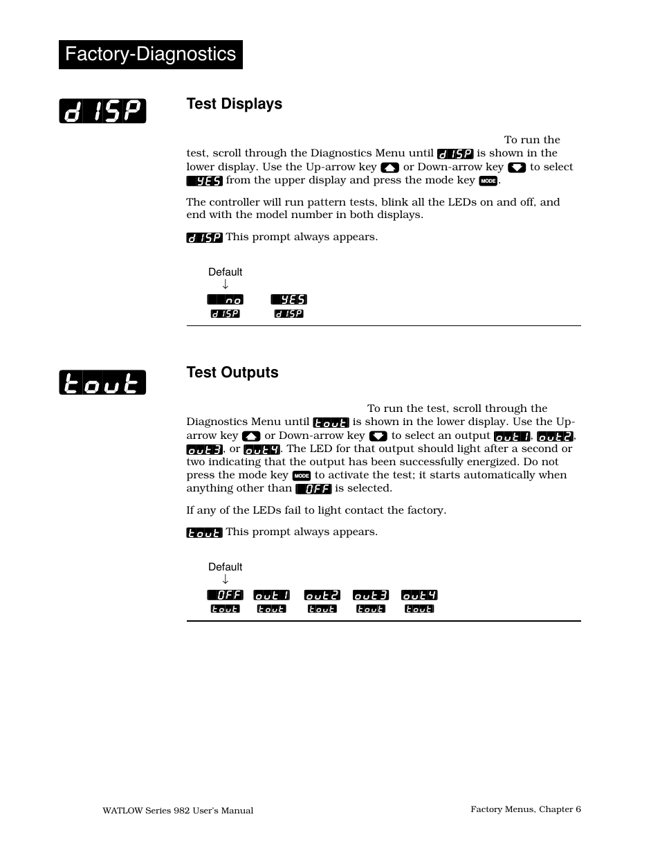 Test displays, Test outputs, Disp] [tout | Factory-diagnostics | Watlow Series 982 User Manual | Page 92 / 141