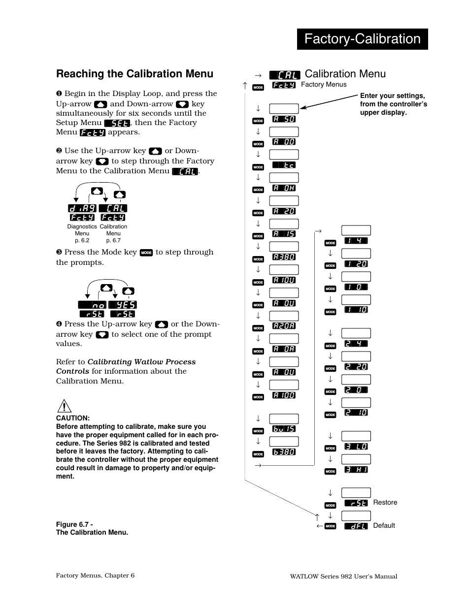 Reaching the calibration menu, 7 calibration menu and prompts, Factory-calibration | Calibration menu | Watlow Series 982 User Manual | Page 93 / 141