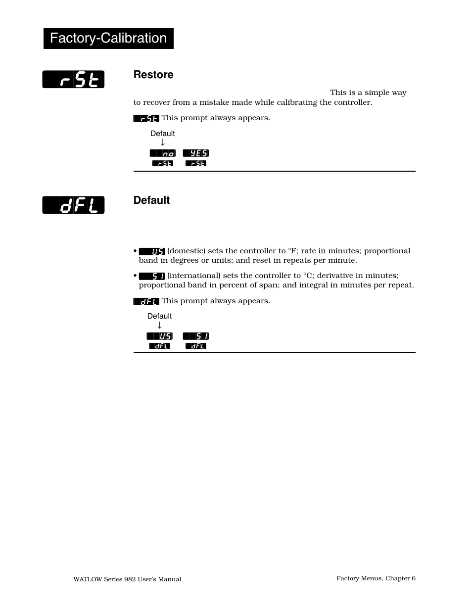 Restore, Default, Rst] [`dfl | Factory-calibration | Watlow Series 982 User Manual | Page 94 / 141